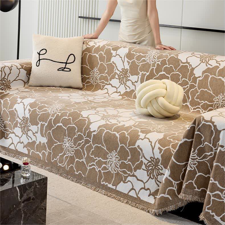 Sofaschoner aus Chenille mit Blumenmuster und weichen Quasten