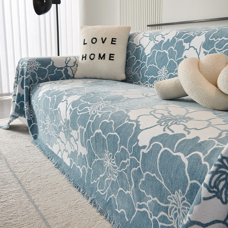 Sofaschoner aus Chenille mit Blumenmuster und weichen Quasten