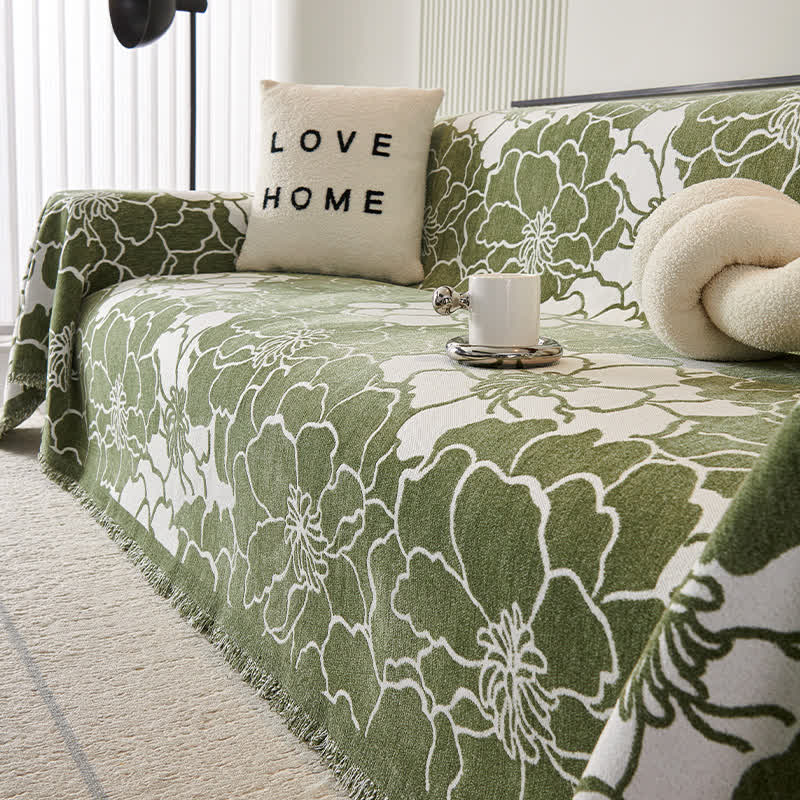 Sofaschoner aus Chenille mit Blumenmuster und weichen Quasten