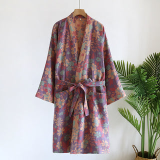 Bademantel im Retro-Stil mit Jacquard-Muster und Blumenmuster aus Baumwollgaze