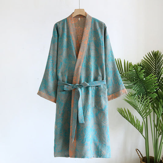 Bademantel aus Baumwollgaze-Jacquard mit Vintage-Blumenmuster