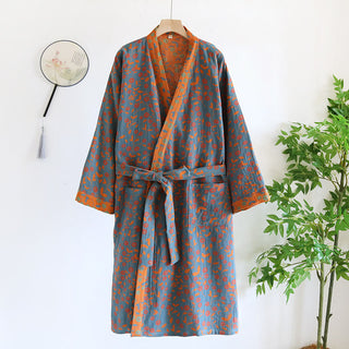 Bequemer Bademantel aus Jacquard-Baumwollgaze mit Blumenmuster - Dunkelblau & Orange - L - image 0