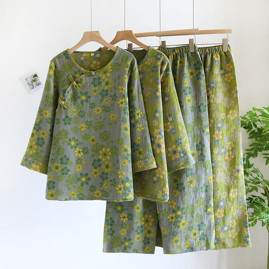 Garngefärbtes Nachtwäscheset aus reiner Baumwolle mit Blumenmuster