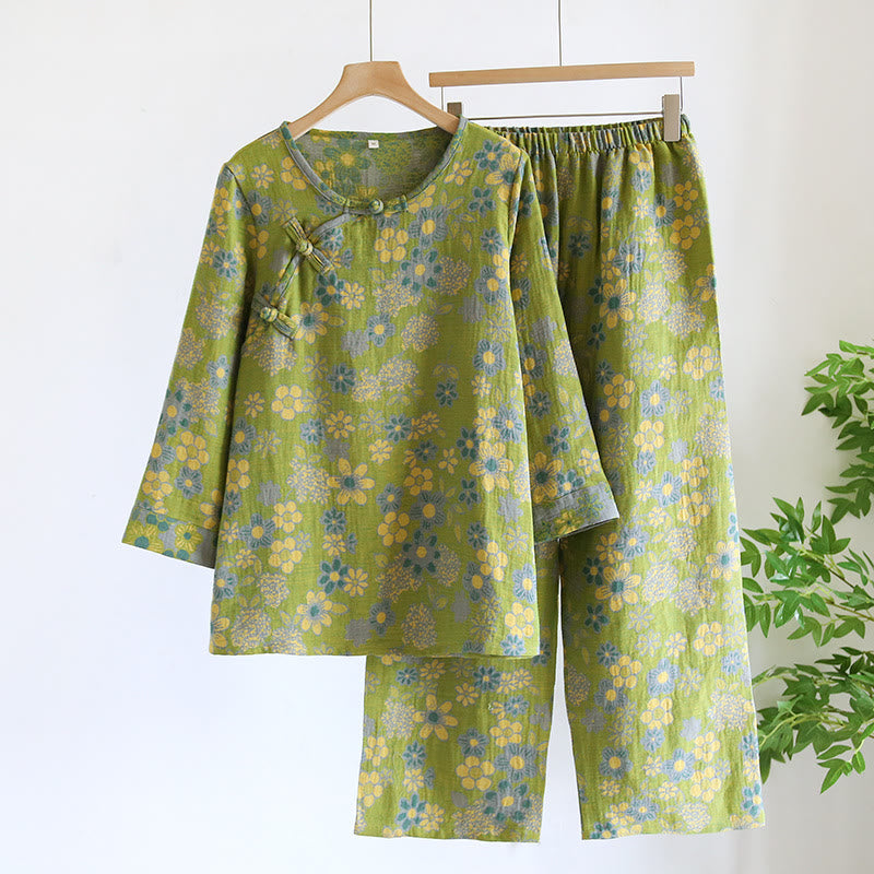 Garngefärbtes Nachtwäscheset aus reiner Baumwolle mit Blumenmuster
