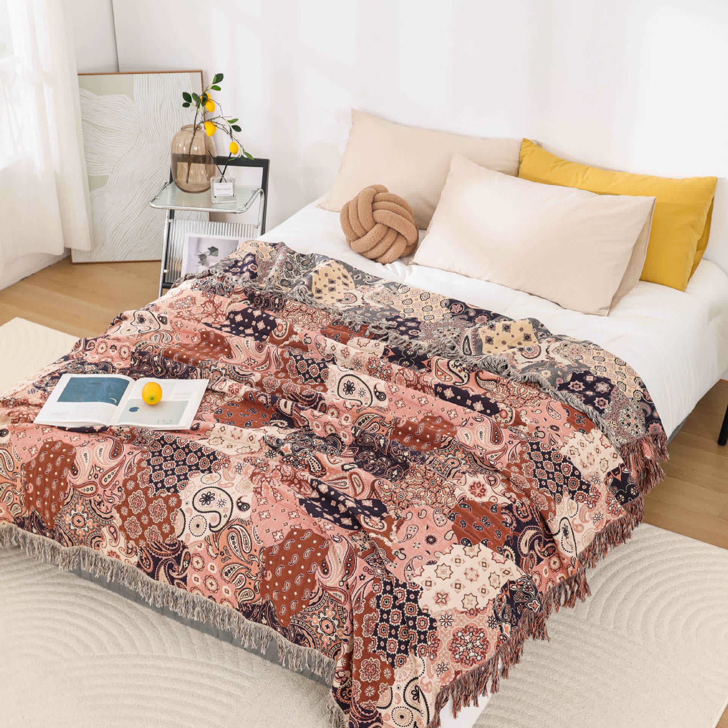 Atmungsaktive Steppdecke aus Baumwollgaze mit Jacquard-Quaste