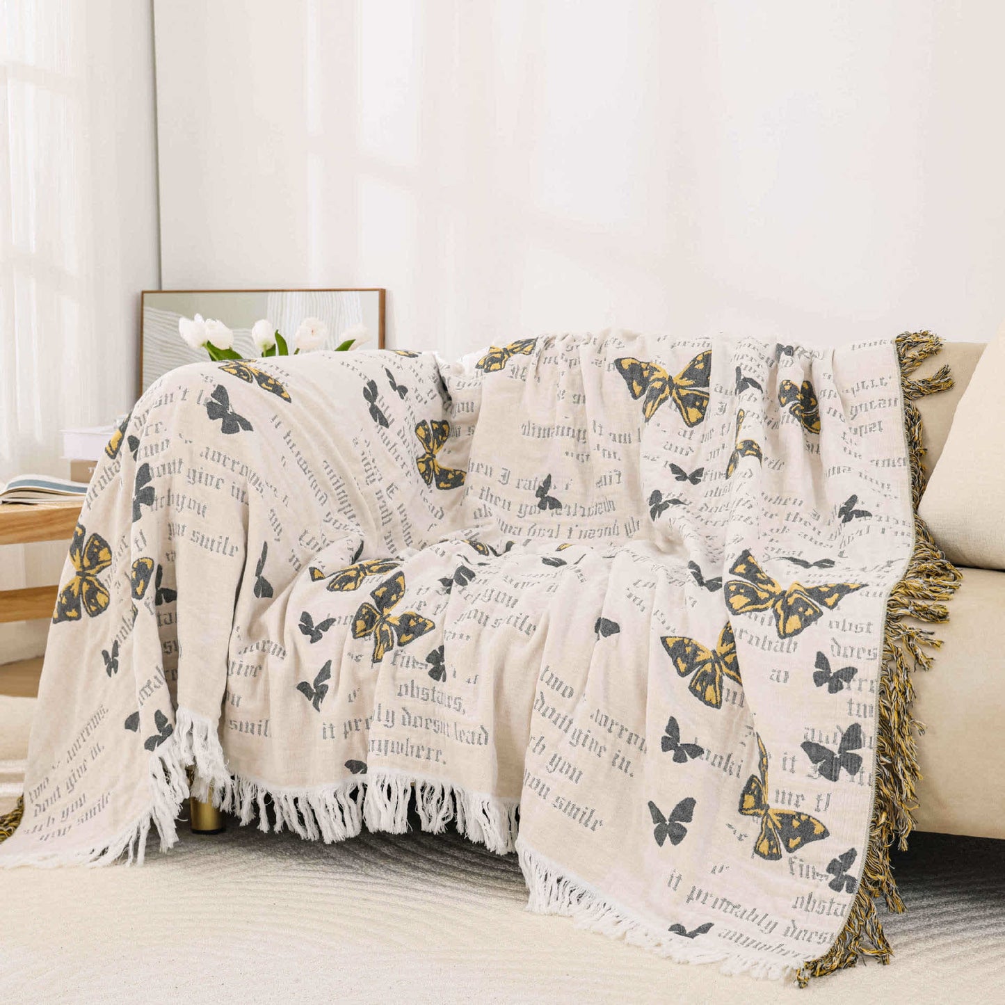 Steppdecke aus Baumwollgaze-Jacquard mit Schmetterlingsquasten