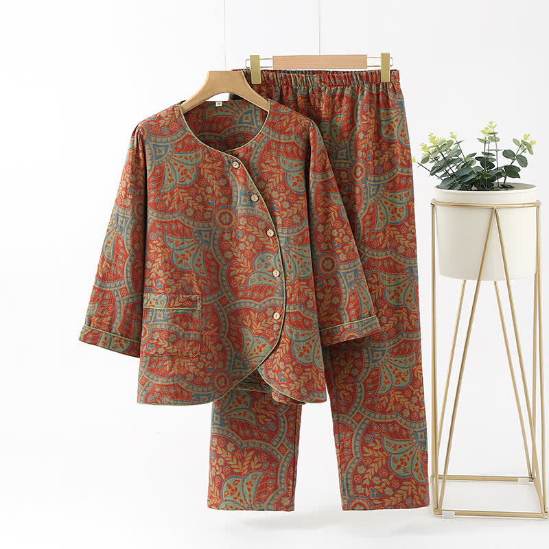 Loungewear-Set mit Rundhalsausschnitt und Vintage-Jacquardmuster