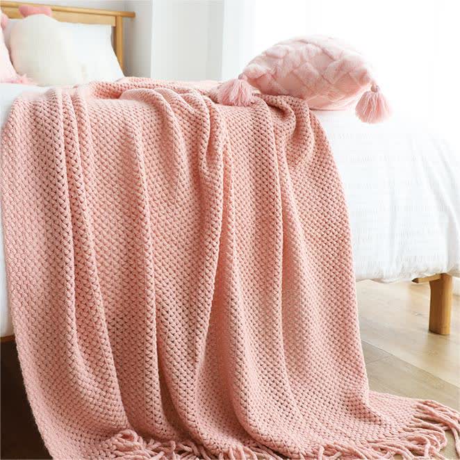 Ownkoti – Schlichte, einfarbige Strickdecke mit Quasten