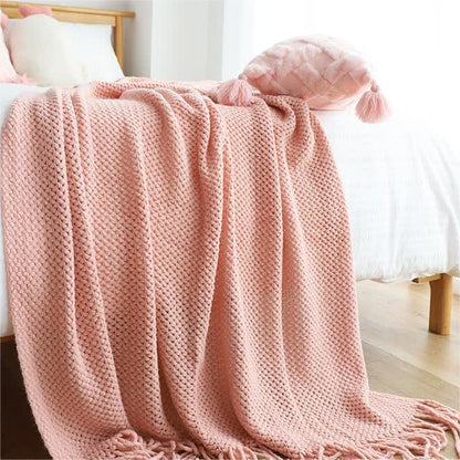 Ownkoti – Schlichte, einfarbige Strickdecke mit Quasten