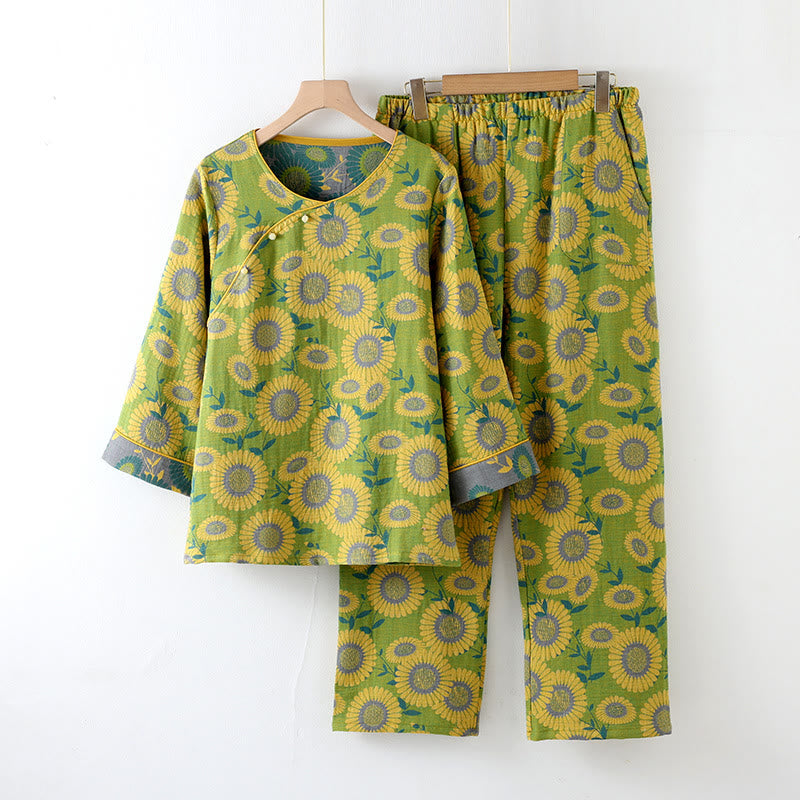 Pyjama-Set aus reiner Baumwolle mit Jacquard-Sonnenblumenmuster