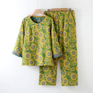 Pyjama-Set aus reiner Baumwolle mit Jacquard-Sonnenblumenmuster