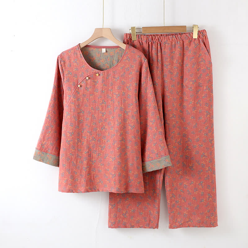 Pastorales Pyjama-Set aus Baumwolle mit Rundhalsausschnitt
