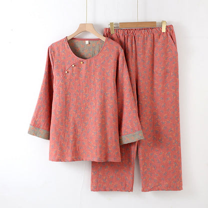 Pastorales Pyjama-Set aus Baumwolle mit Rundhalsausschnitt