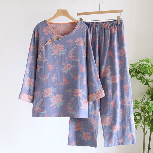 Nachtwäscheset aus Baumwollgaze mit Schmetterlings- und Blumenmuster