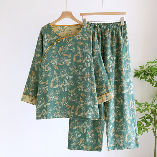 Lässiges Pyjama-Set aus Baumwolle mit Vintage-Blumenmuster