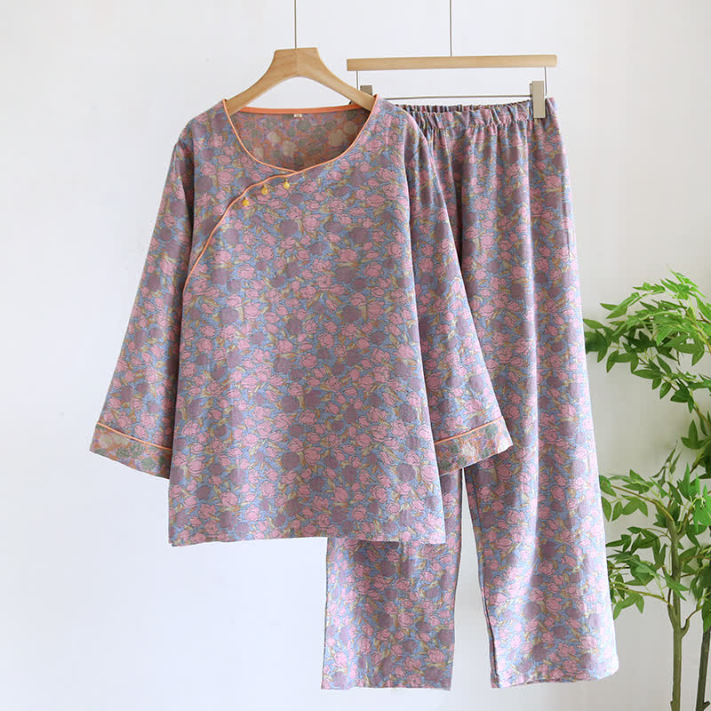 Elegantes, lässiges Pyjama-Set aus Baumwolle mit Blumenmuster