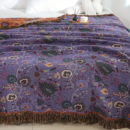 Steppdecke mit böhmischem Blumenmuster und Quasten aus Baumwollgaze
