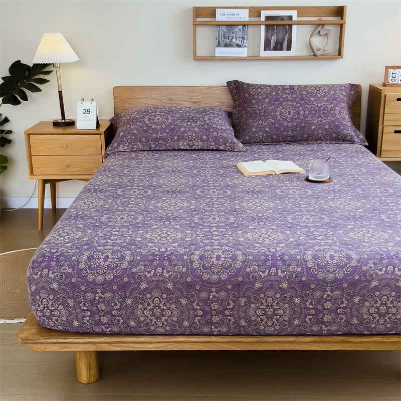 Vintage-Spannbettlaken aus reinem Baumwoll-Jacquard - Lila - Laken mit 2 Kissenbezügen - 200cm x 220cm - image 1
