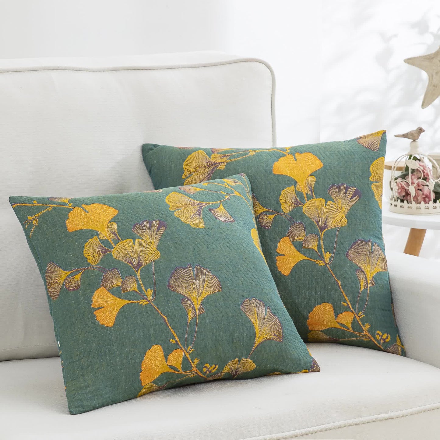 Kissenbezüge aus Baumwollgaze-Jacquard mit Ginkgoblättern (2 Stück)