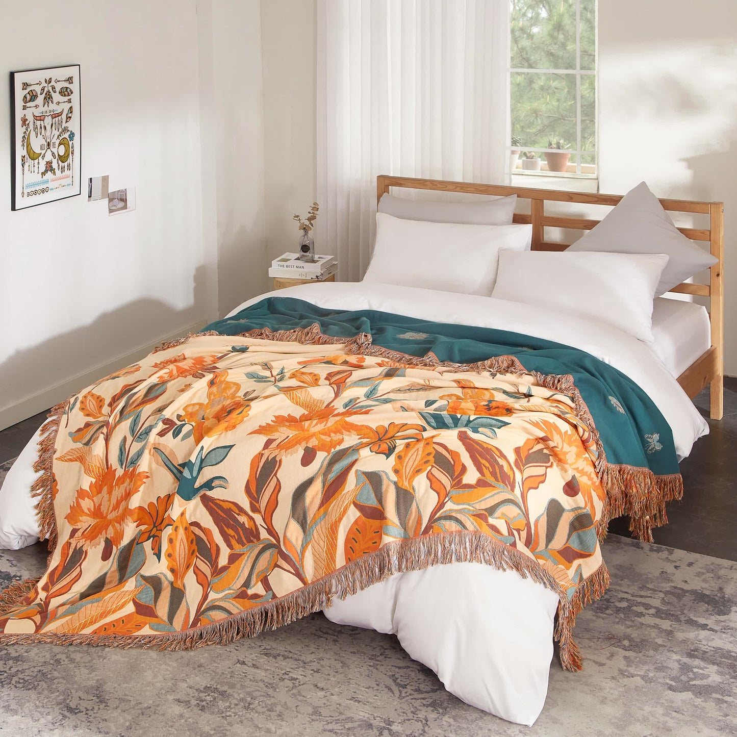 Steppdecke aus reiner Baumwolle mit Blumenmuster und Quasten