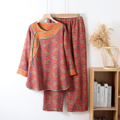 Pyjama-Set aus Baumwollgaze mit Blumenmuster und Froschverschluss