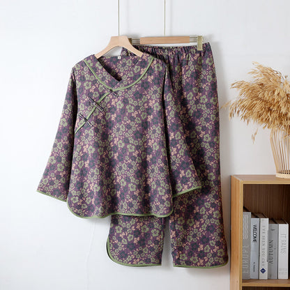 Loungewear-Set aus Baumwollgaze mit Blumenmuster und Froschverschluss