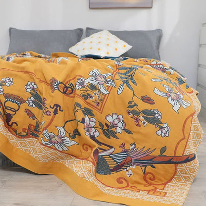 Fünflagige Steppdecke aus Baumwollgaze mit Blumenmuster und Vögeln