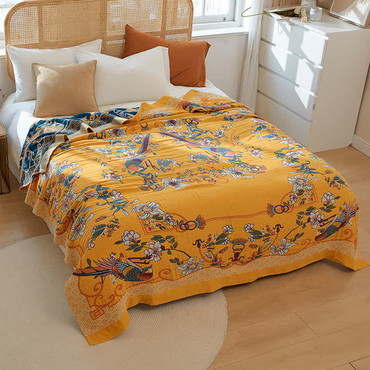 Fünflagige Steppdecke aus Baumwollgaze mit Blumenmuster und Vögeln