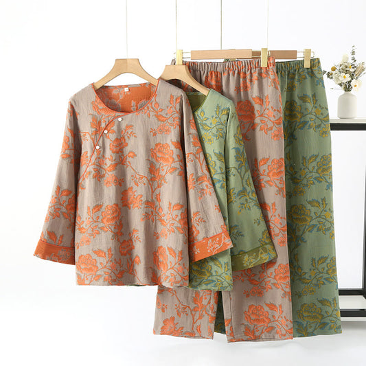 Nachtwäsche-Set mit Rundhalsausschnitt und Blumenmuster aus Baumwollgaze