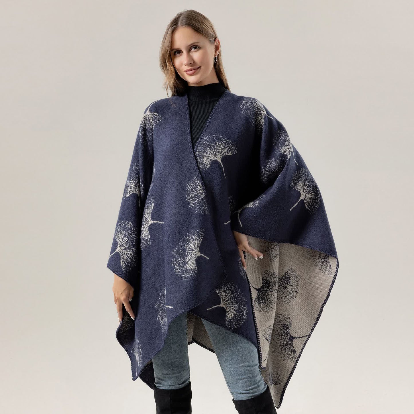 Luxuriöser Ginkgoblatt-Reiseschal-Umhang - Marineblau - 130cm x 150cm - image 5
