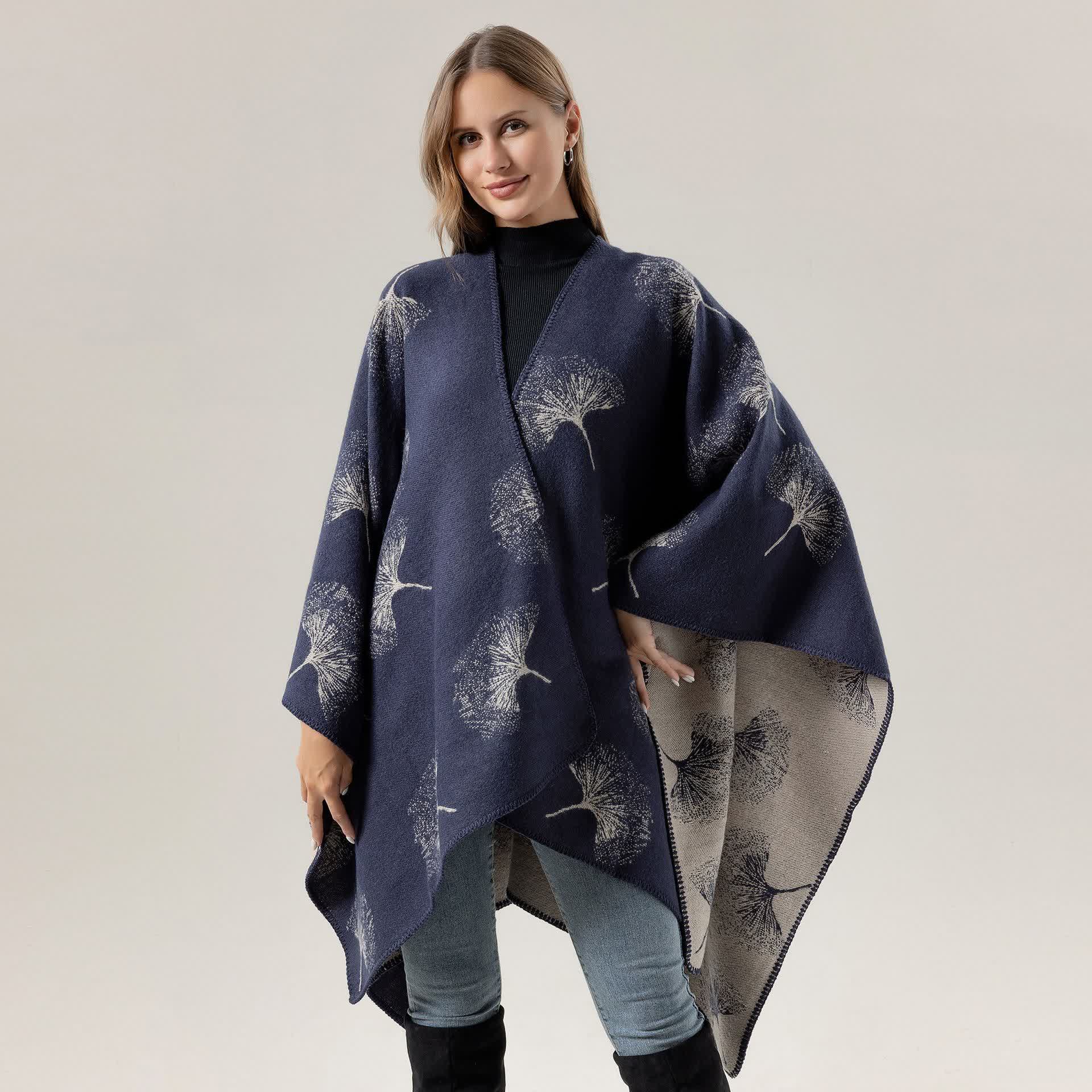 Luxuriöser Ginkgoblatt-Reiseschal-Umhang - Marineblau - 130cm x 150cm - image 5
