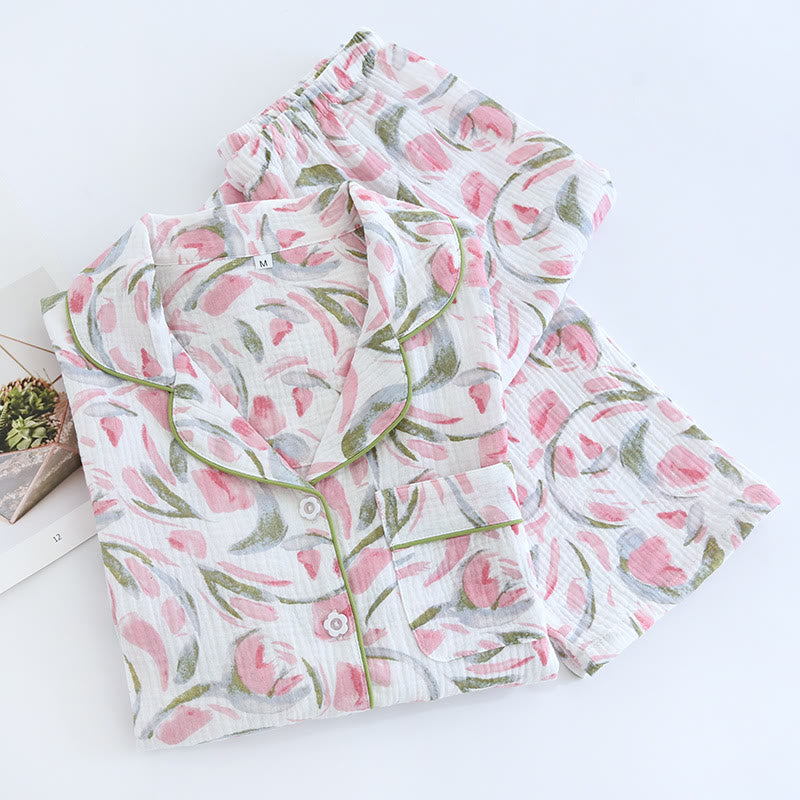 Pyjama-Set aus Baumwollgaze mit Blumenmuster und Tulpenmotiv