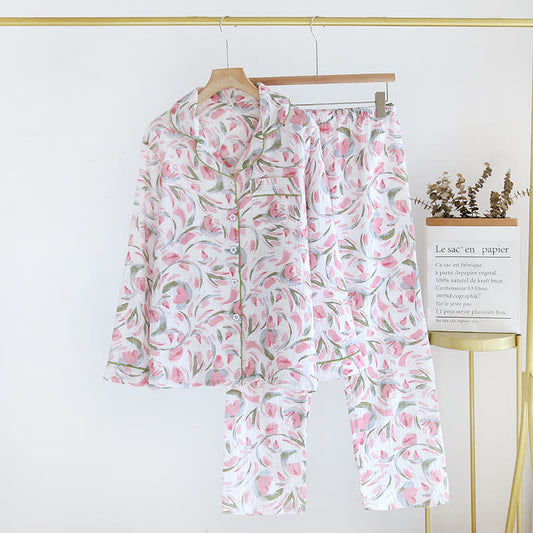 Pyjama-Set aus Baumwollgaze mit Blumenmuster und Tulpenmotiv