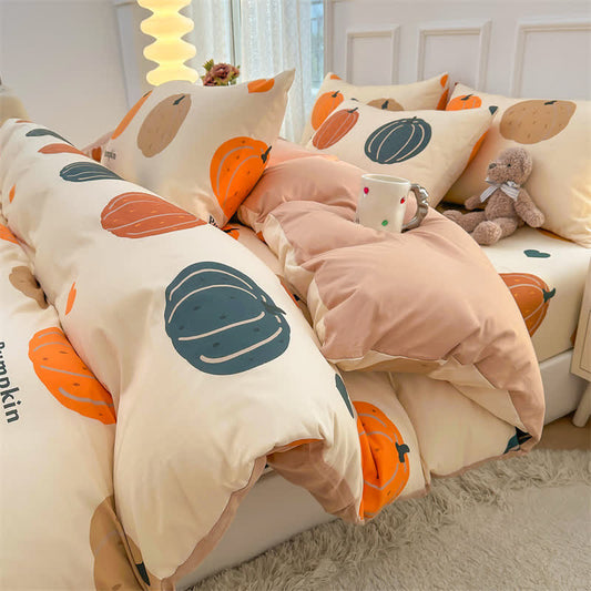 Bettwäscheset aus reiner Baumwolle mit Cartoon-Kürbismotiv (3-teilig)