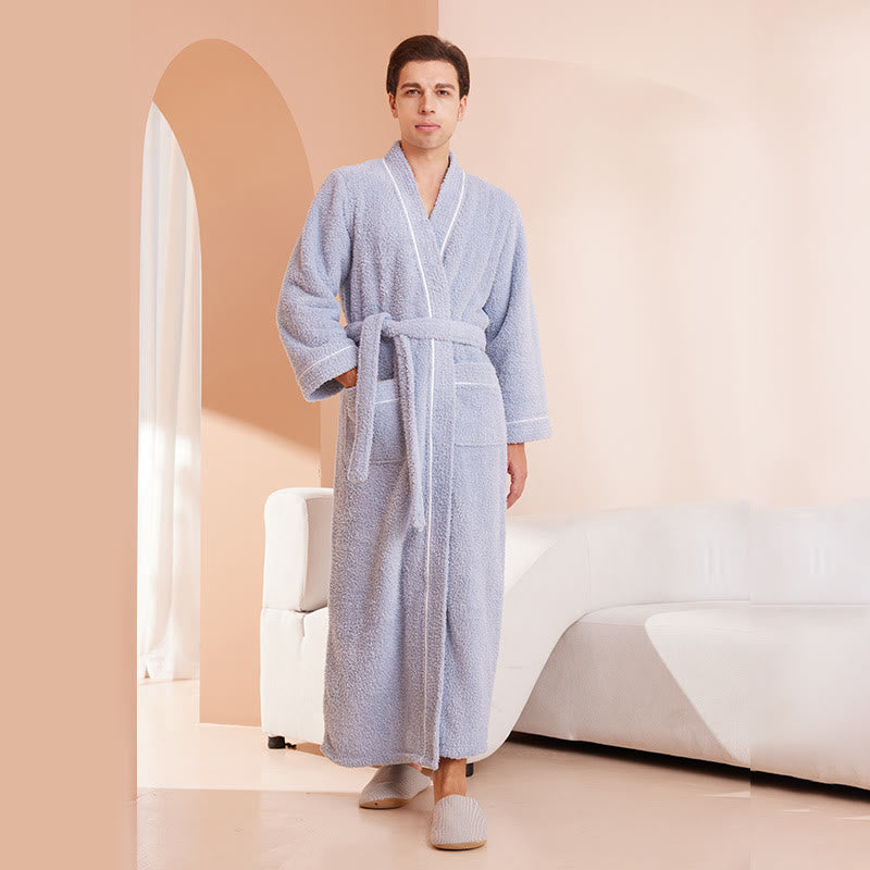 Bequemer, langer Bademantel aus Fleece in Volltonfarbe - Grau Blau - Männer 3XL - image 10