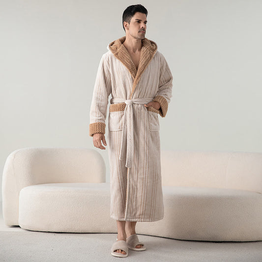 Langer Winterbademantel aus Fleece mit Kapuze - Beige - Herren L - image 1