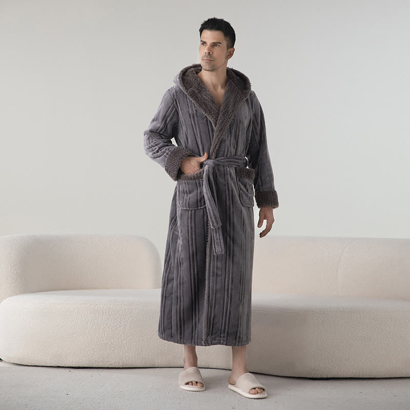 Langer Winterbademantel aus Fleece mit Kapuze - Dunkelgrau - M - image 4
