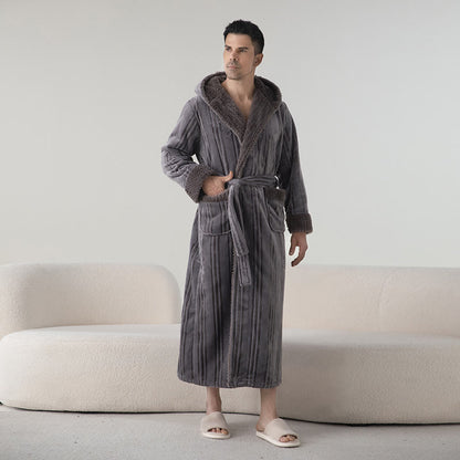Langer Winterbademantel aus Fleece mit Kapuze - Dunkelgrau - M - image 4