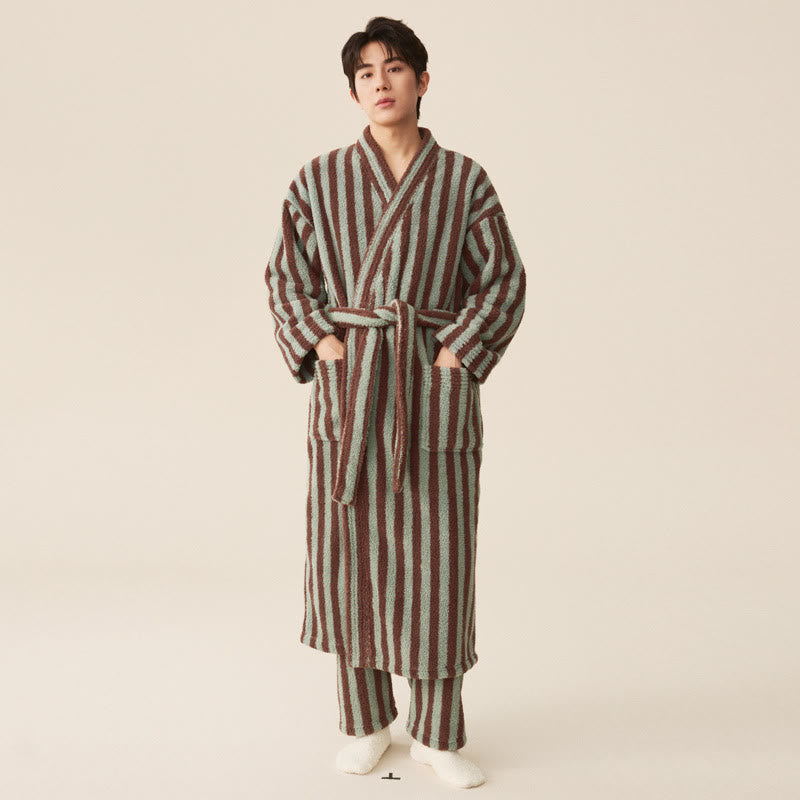 Langer Bademantel aus Winterfleece mit modernen Streifen - Bademantel mit Hose - Mintgrün & Braun - Herren XXL - image 5