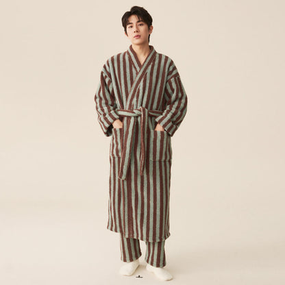 Langer Bademantel aus Winterfleece mit modernen Streifen - Bademantel mit Hose - Mintgrün & Braun - Herren XXL - image 5