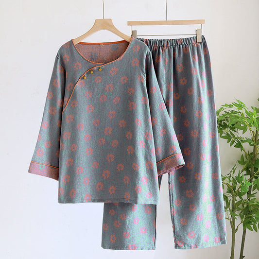 Lässiges Pyjama-Set aus Baumwollgaze mit Blumenmuster