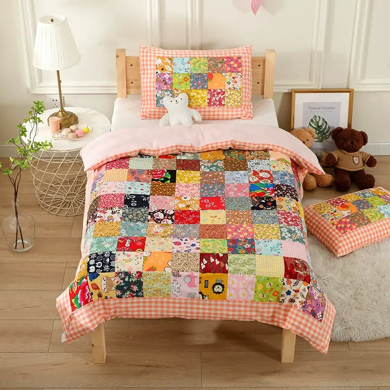 Patchwork-Babydecke aus reiner Baumwolle mit Karomuster