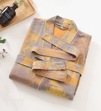 Langärmliger Kimono-Bademantel aus Baumwollgaze