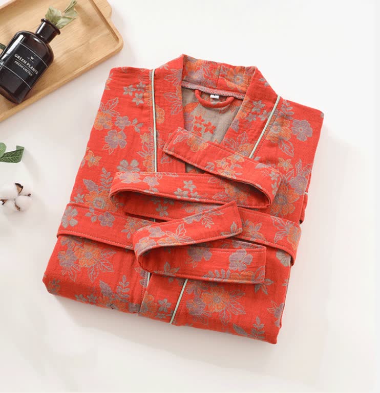 Kimono-Bademantel aus Baumwollgaze mit Blumenmuster
