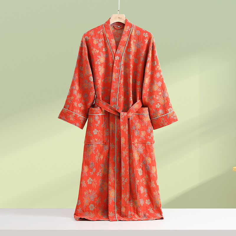 Kimono-Bademantel aus Baumwollgaze mit Blumenmuster