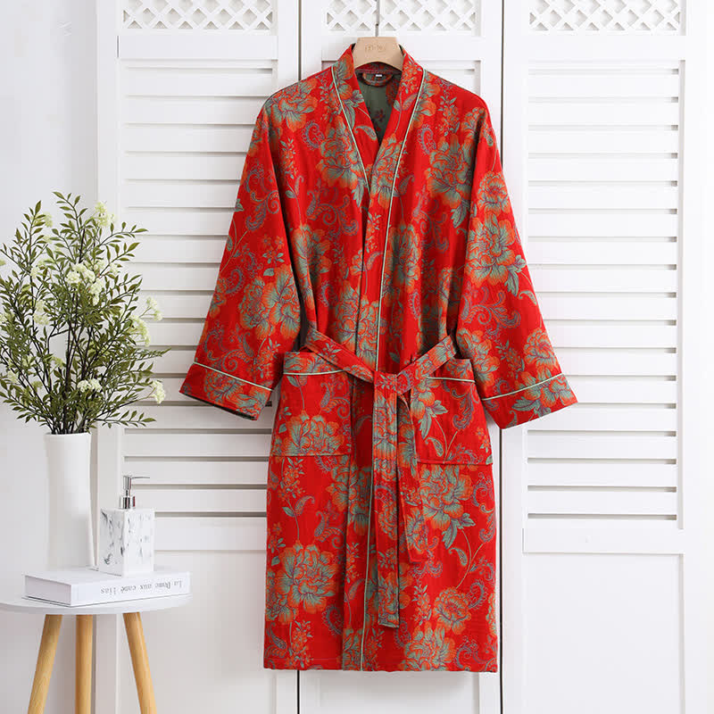 Luxuriöser Bademantel aus Baumwollgaze im Kimono-Stil mit Blumenmuster