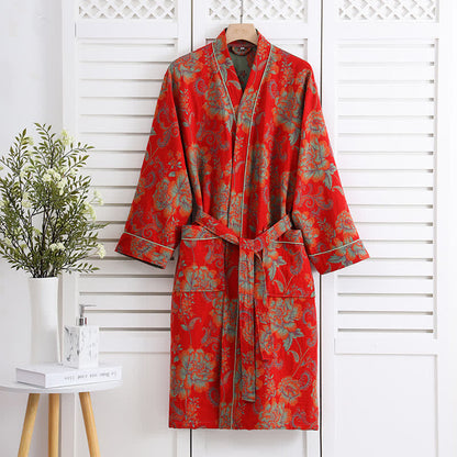 Luxuriöser Bademantel aus Baumwollgaze im Kimono-Stil mit Blumenmuster