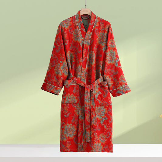 Luxuriöser Bademantel aus Baumwollgaze im Kimono-Stil mit Blumenmuster