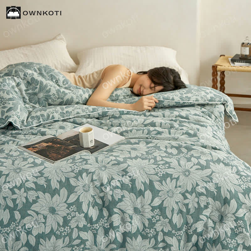 Garngefärbte Jacquard-Steppdecke aus Baumwolle mit Blumenmuster