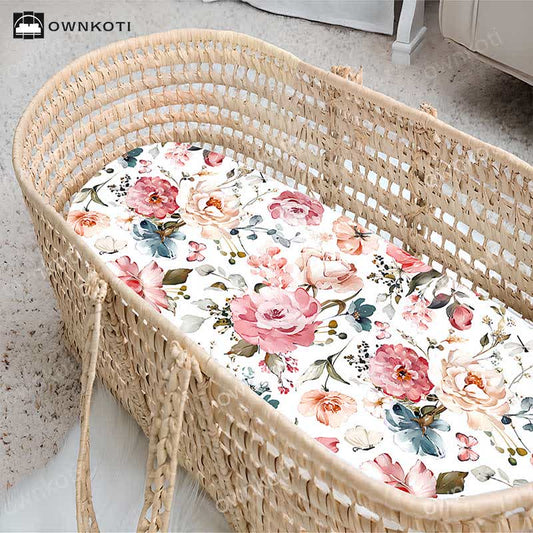 Dehnbare, weiche Spannbettlaken für Stubenwagen mit Blumenmuster